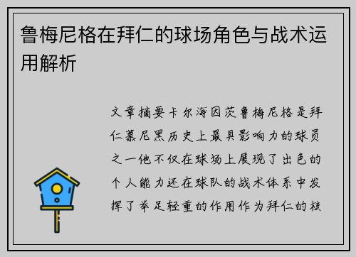 鲁梅尼格在拜仁的球场角色与战术运用解析